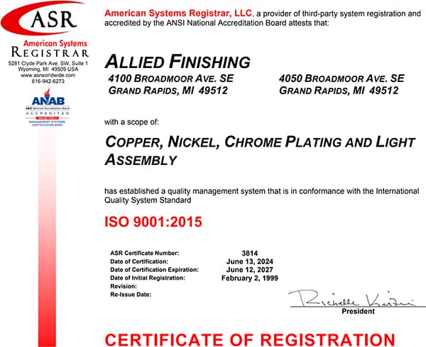 Allied Finishing Iso 9001 2015 Cert Exp 6.12.2027